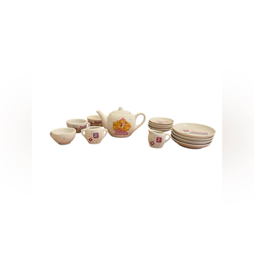 Barbie Ceramic Tea Set 15 Piece Mini Cups Saucers Plates 1989 Chilton Globe Inc.